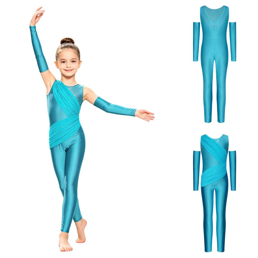 Girls Sparkly Rhinestone Dance Bodysuit Sleeveless U Back Mesh Overlay Ruched with Detachable Arm Sleeves for Gymnastics Competition