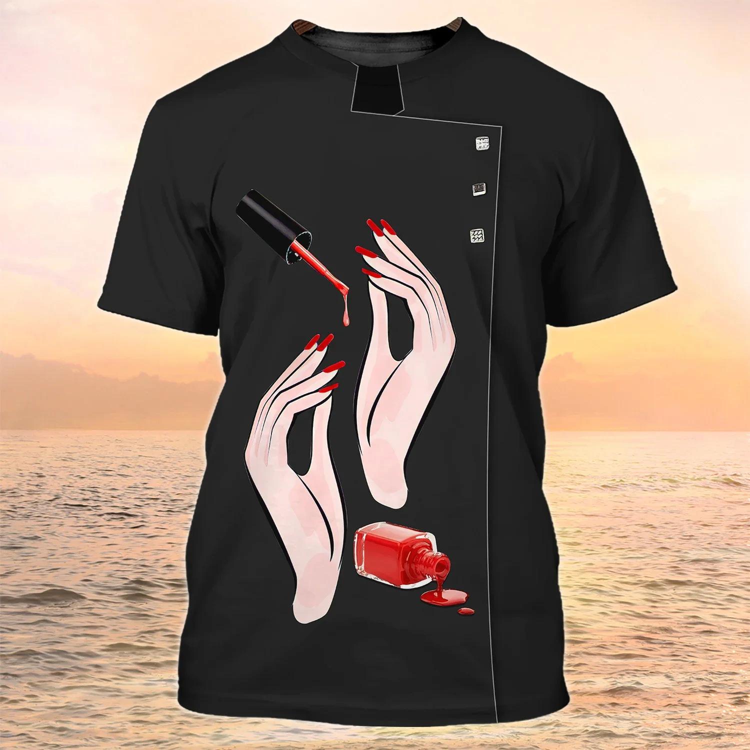 

Summer Round Neck 3D Nail Art Themed Graphic Print Top Fashionable Casual Short Sleeved Women s T-shirts 6XL