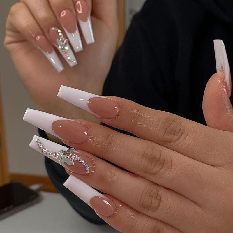 

European and American Nail Patches INS Style Wearable Long French Butterfly Rhinestone Nail Patches Manicure Patches Fake Nails
