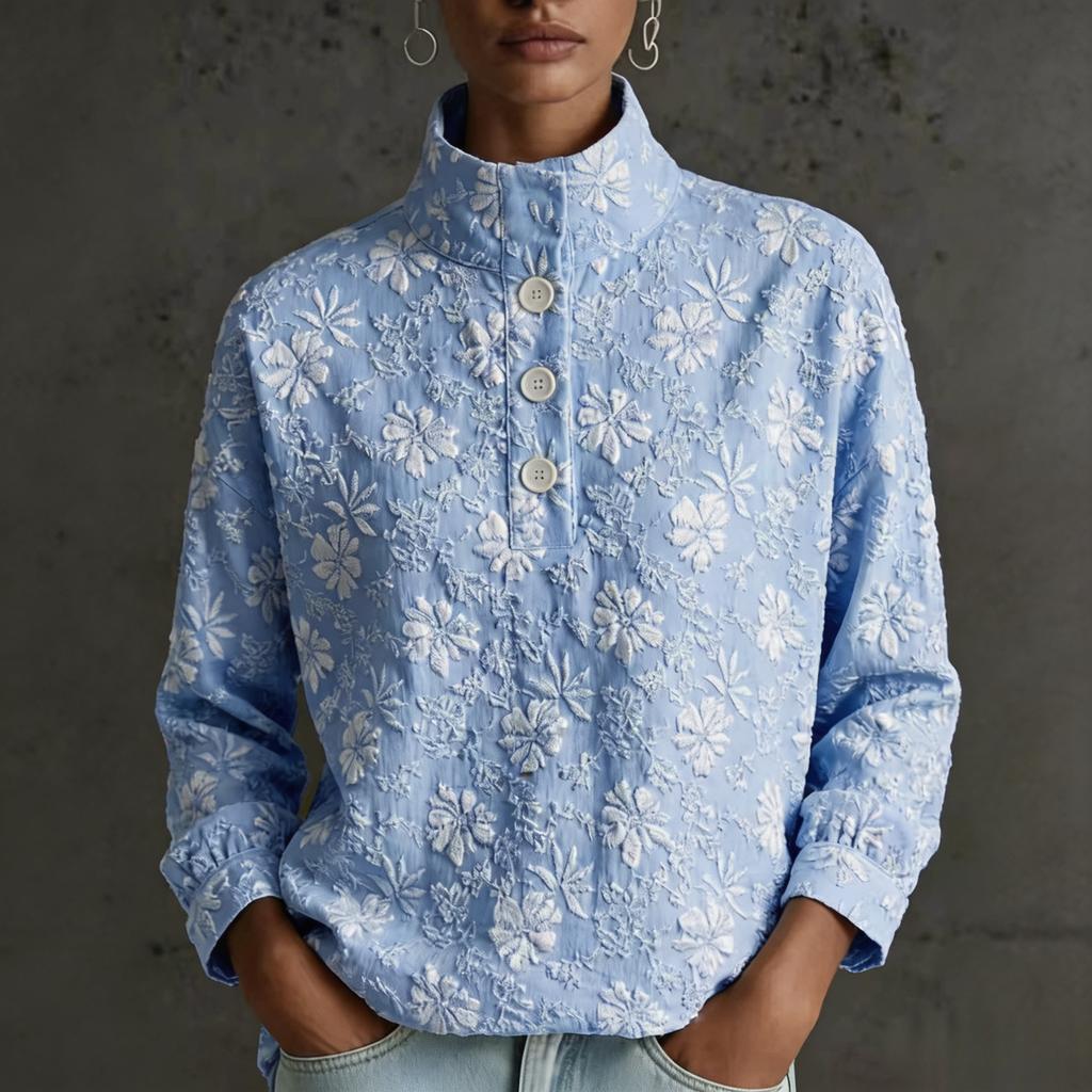 Blusa de Mujer con Estampado Floral, Manga Larga, Cuello Alto y Media Botonadura