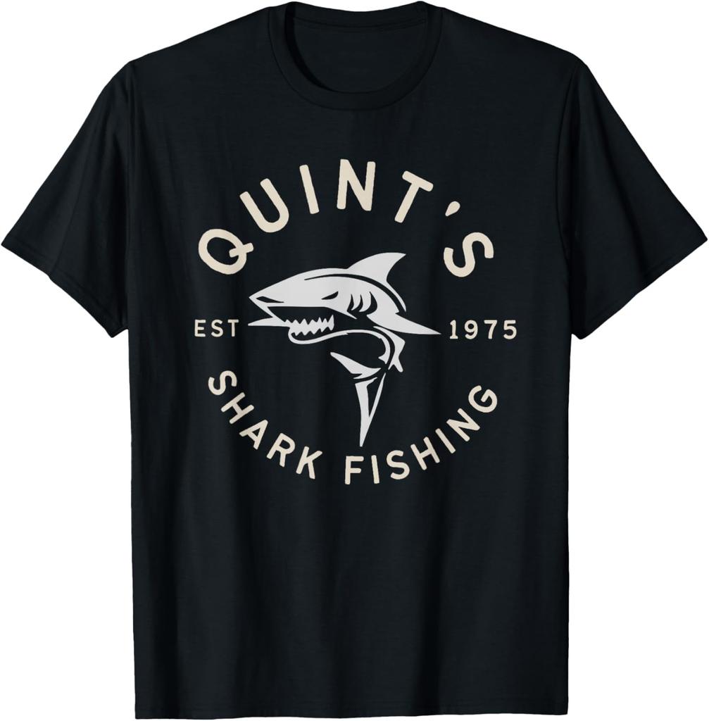 Quints Shark Fishing 1975 Vintage Retro Graphic Tee Short Sleeve Crew Neck TShirt