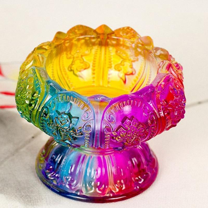 Elegant Glass Lamp Stand With Traditional Eight Favorable Pattern For Worship And Home Display