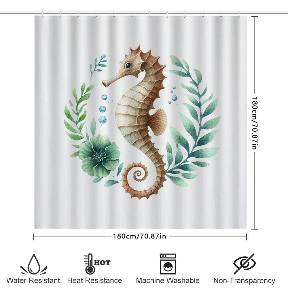Seahorse Shell Shower Curtain Watercolor Marine Life Print For Bathroom Decor, Green Leaf Design Size 72X84 Inches (White)