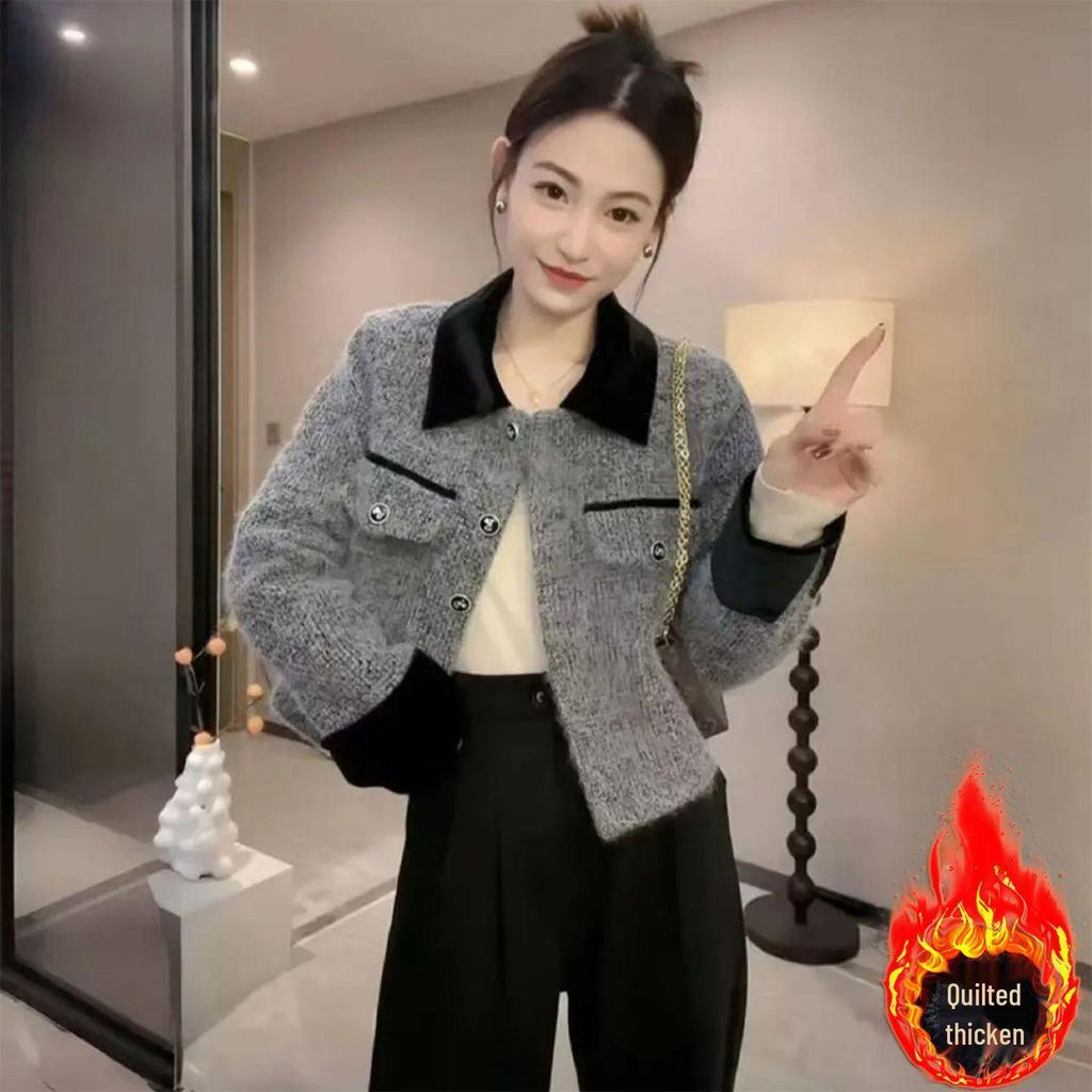 New French Petite Woolen Jacket - Autumn/Winter Collection, Stylish Lapel, Thickened Short Design