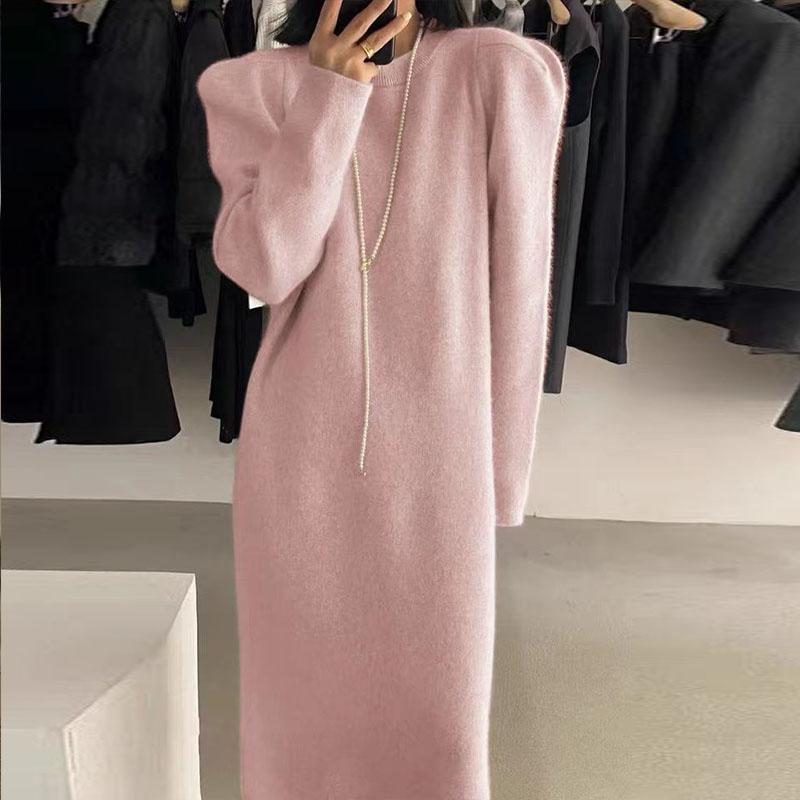 Knitted Sweater Solid Color Medium Long Dress Over Knee Pullover Knitted Loose Base Over Knee Solid Color Women