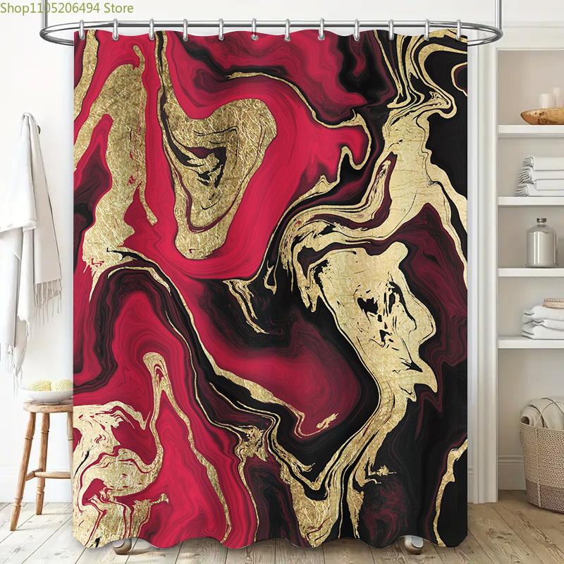 Luxury Red Marble Shower Curtain Elegant Gold and Black Print Waterproof Home Decor Bathroom Accessories Size Customizable for