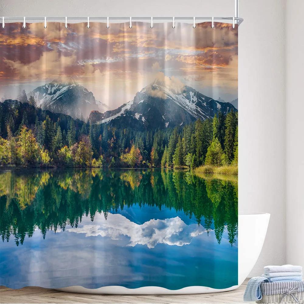 Scenic Forest Waterfall Shower Curtain Tropical Jungle Plants Trees Lake Nature Landscape Wall Hanging Bathroom Decor Curtains
