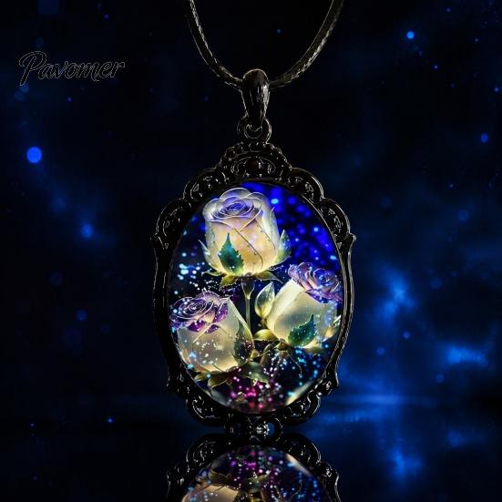 Whimsical Garden Party Accessories Oval Floral Pendant Necklace, Vintage Glass Dome Rose Retro Black Metal Jewelry Adjustable Cord for Women