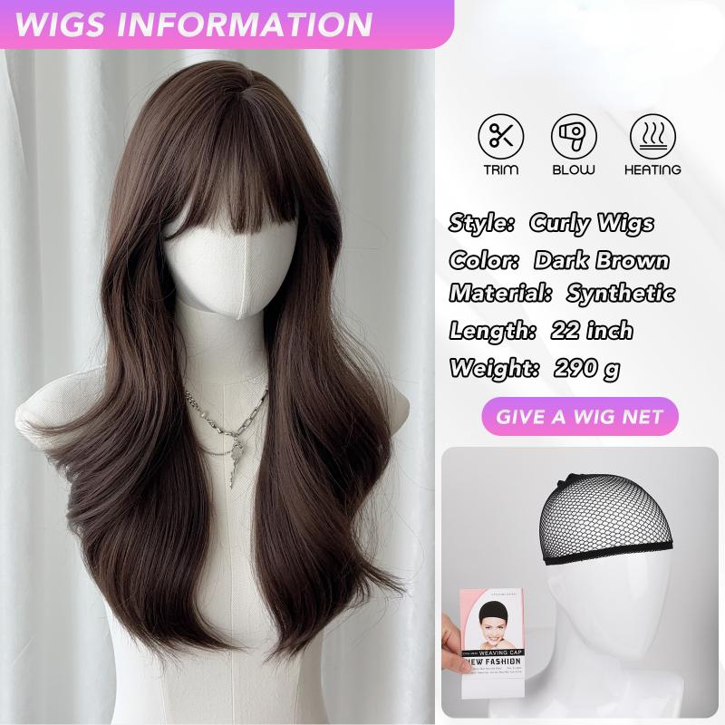 

Черный вьющийся парик с волнистой челкой, 22 дюйма, 26 дюймов, синтетический парик из волокна, термостойкий, натуральный, для вечеринок или селфи для женщин, корейская мода 22inches темно-коричневого
