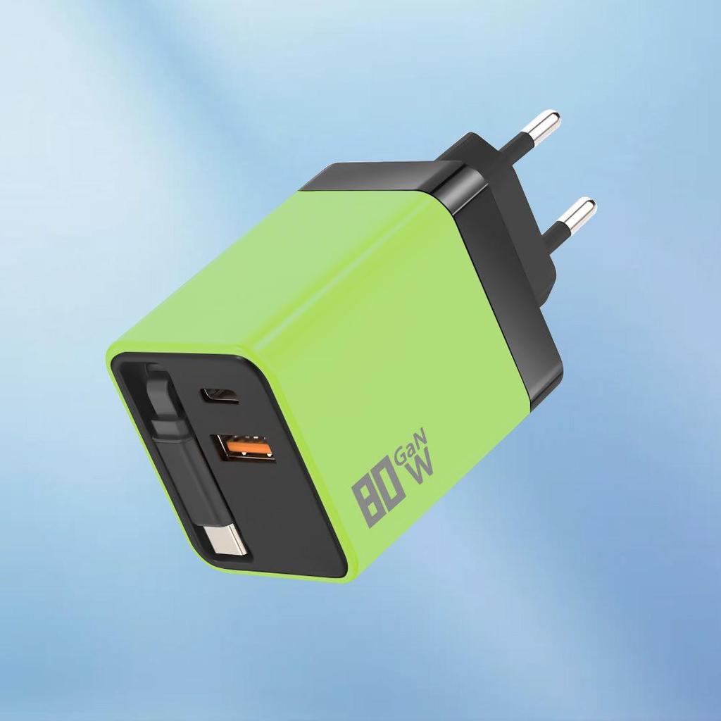 80W GaN Dual Port Retractable Fast Charger for Apple, Android, Huawei - USB A+C
