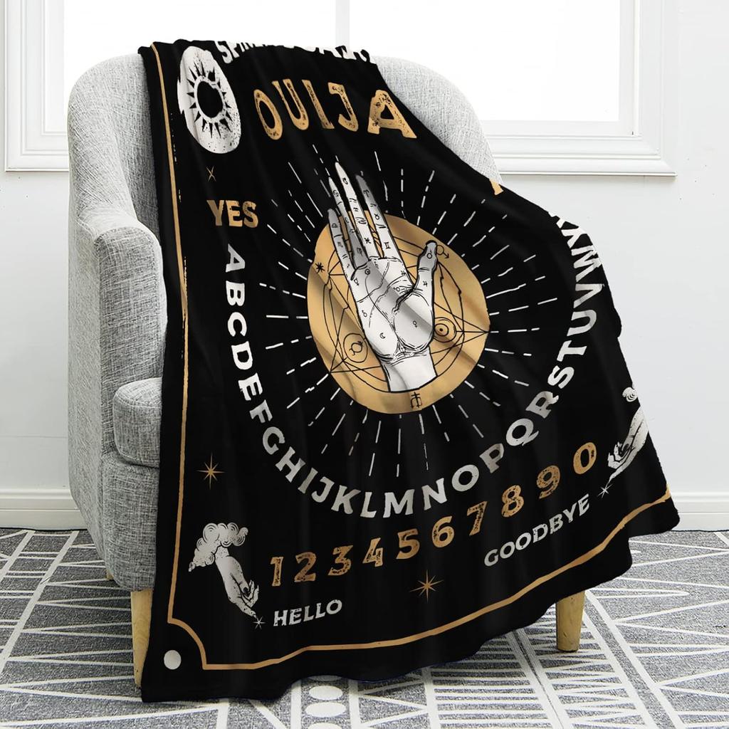 Ouija Board Decke Gothic Hexe Geschenk für Halloween Sonne Mond Skelett Schädel Horror Gruselig für Deko Tagesdecken Schwarz 50"x60"
