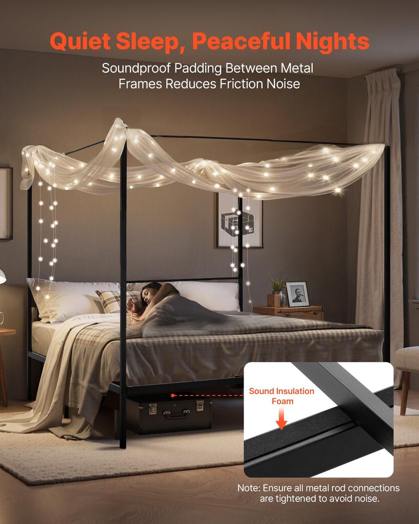 VEVOR King Size Canopy Bed Frame, Metal Canopy Bed with Four Posters Design, Heavy Duty Steel Slats Support, Underbed Storage Space