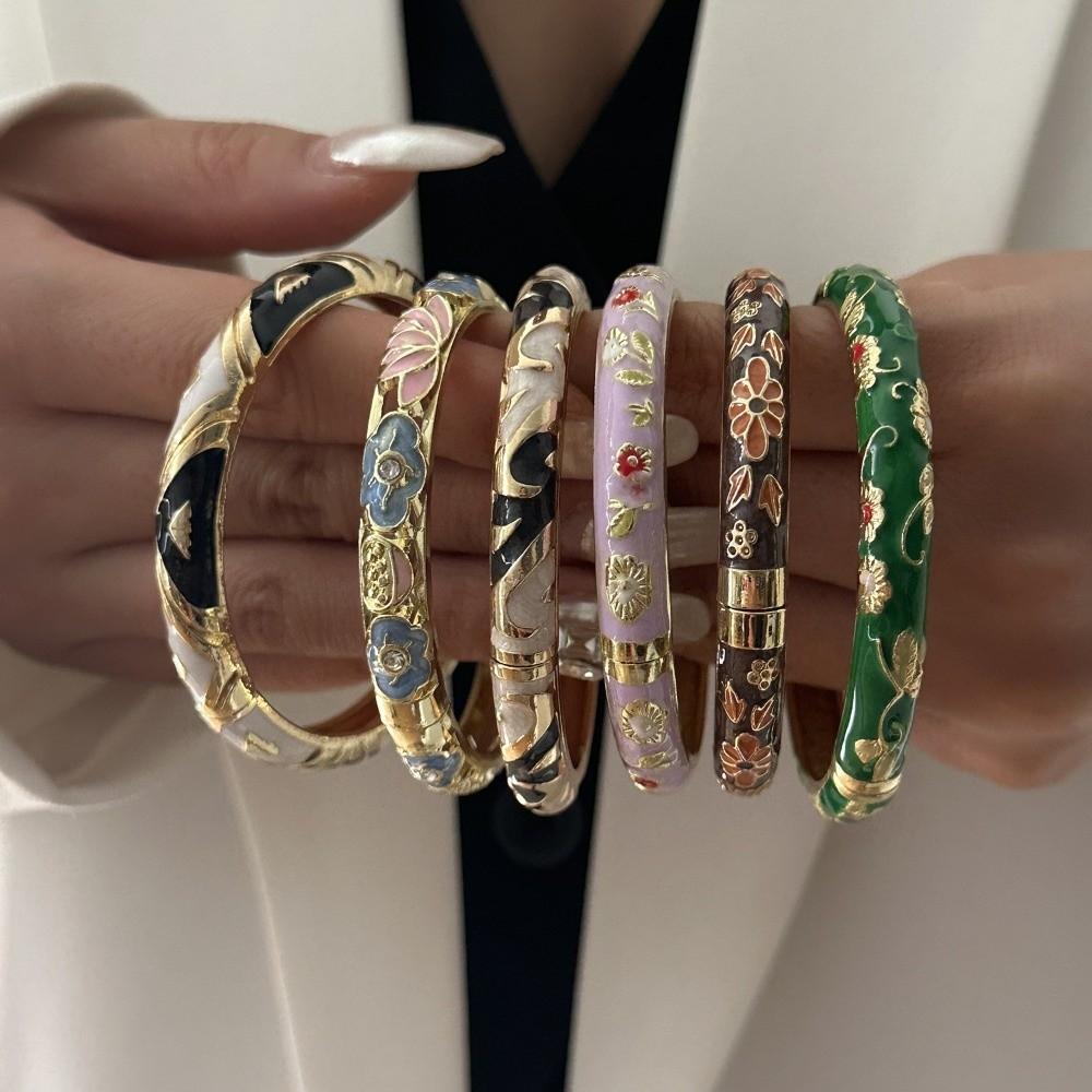 Zircon Floral Bangle Ethnic Style Cloisonne Bangle Retro Enamel Flower Bracelet Jewelry