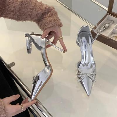 Silver Pointed Toe Thin Heel Women Sandals Rhinestones Butterfly Knot Slingback Pumps Ladies Party Dress Hight Heels Shoes