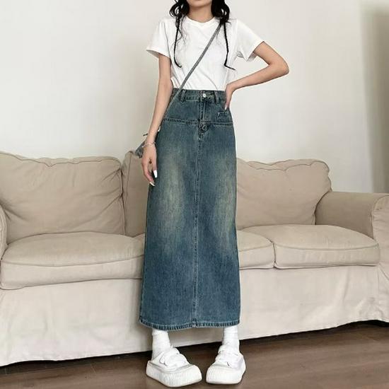 

Летняя женская джинсовая юбка миди в стиле ретро с высокой талией и разрезом сзади 4X Large синий