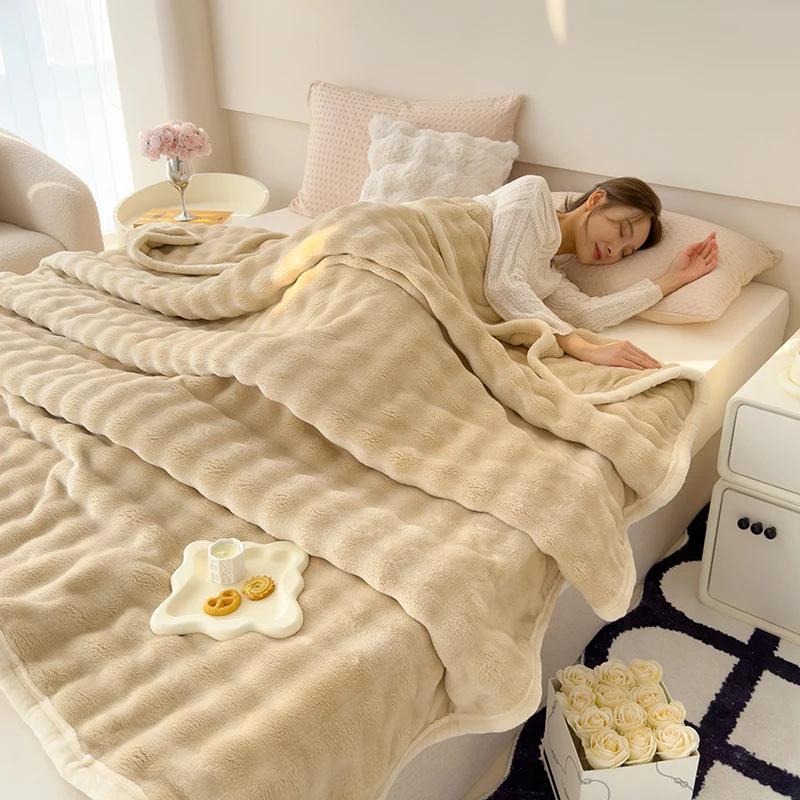 Rabbit Plush Luxurious Solid Color Rabbit Blanket Coral Velvet Double-Sided Thick Spring Warm Pads For Office Nap Time Blanket