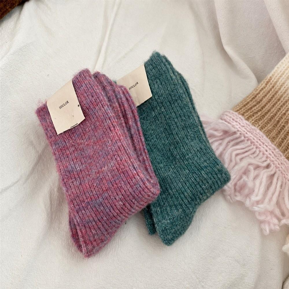 Solid Color Thick Wool Socks Double Needle Crew Socks Warm Merino Wool Socks  For Women