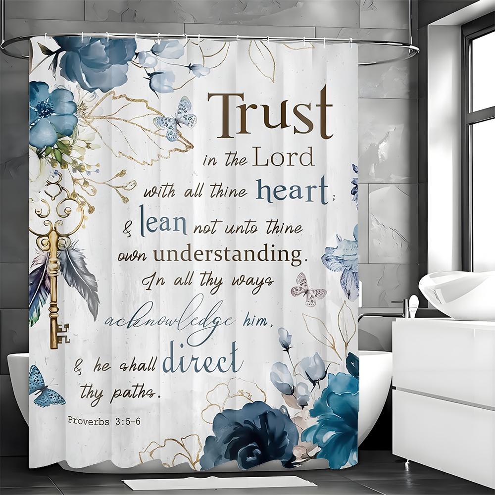 

Синяя Цветочная Библейская Вдохновляющая Цитата Занавеска для Душа, Декоративная Занавеска для Душа для Ванной Комнаты, Водонепроницаемая Занавеска для Душа с Крючками 90*180cm