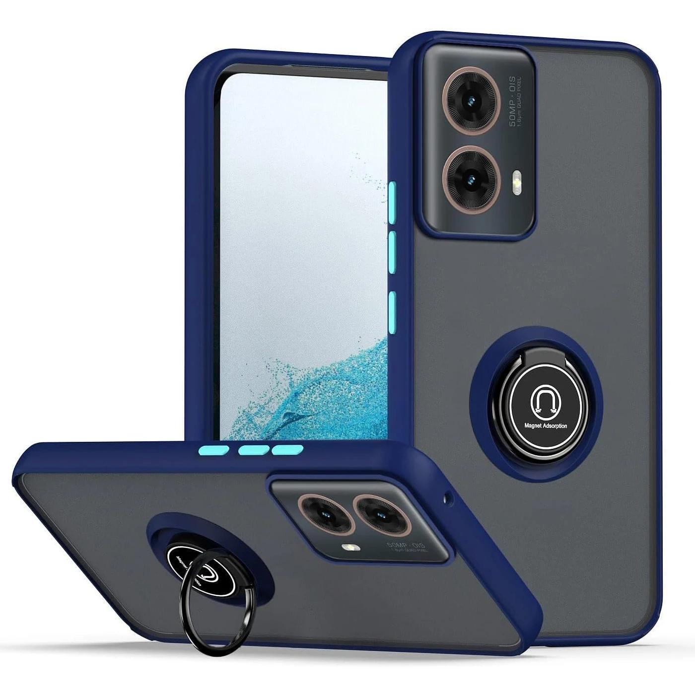 

Матовый чехол-броня для Motorola Moto G35 G55 G54 G84 G14 G72 G85 G75 G15 G05 G34 G24 S50 E13 G13 с кольцом-держателем, противоударный чехол Motorola Moto E13 темно-синий