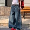 Große Größe Amerikanischer Retro gewaschener dekonstruierter Säbel Jeans Herren Design-Sinn Drei Streifen gestreifte Patchwork-Hosen mit weitem Bein