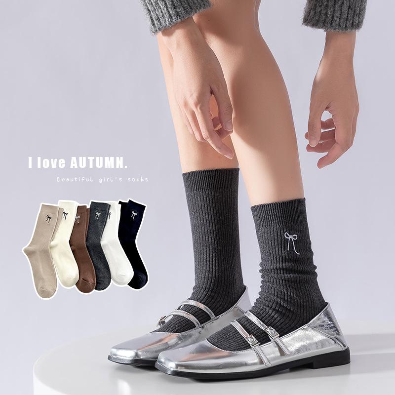 Autumn Socks, Women's Embroidered Bow Mid-calf Lolita Retro Trendy Solid Color Versatile Cotton Socks