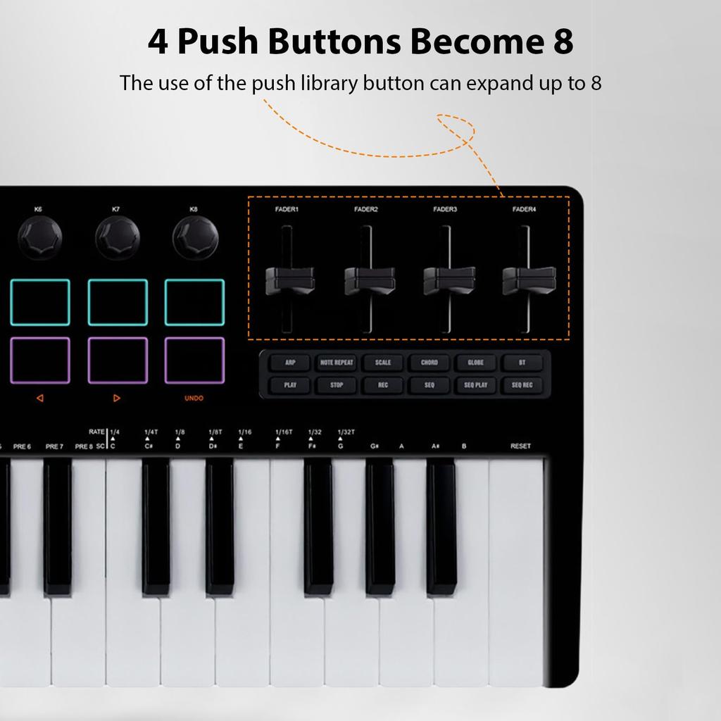 Aumotop MIDI Keyboard Controller with RGB Wireless BT for Music Versatile Synthesizer Engine for ABS Portable Size 37-Key Pads, Production, DAW, PC,