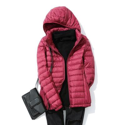Jaqueta Feminina Outono Inverno Fina Portátil Armazenamento Outerwear 90% Penas de Pato Branco com Capuz Removível