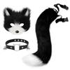 Faux Fur Fox Mask Wolf Cat Fluffy Tail and Leather Necklace Set Halloween Party Cosplay Costume Accessory