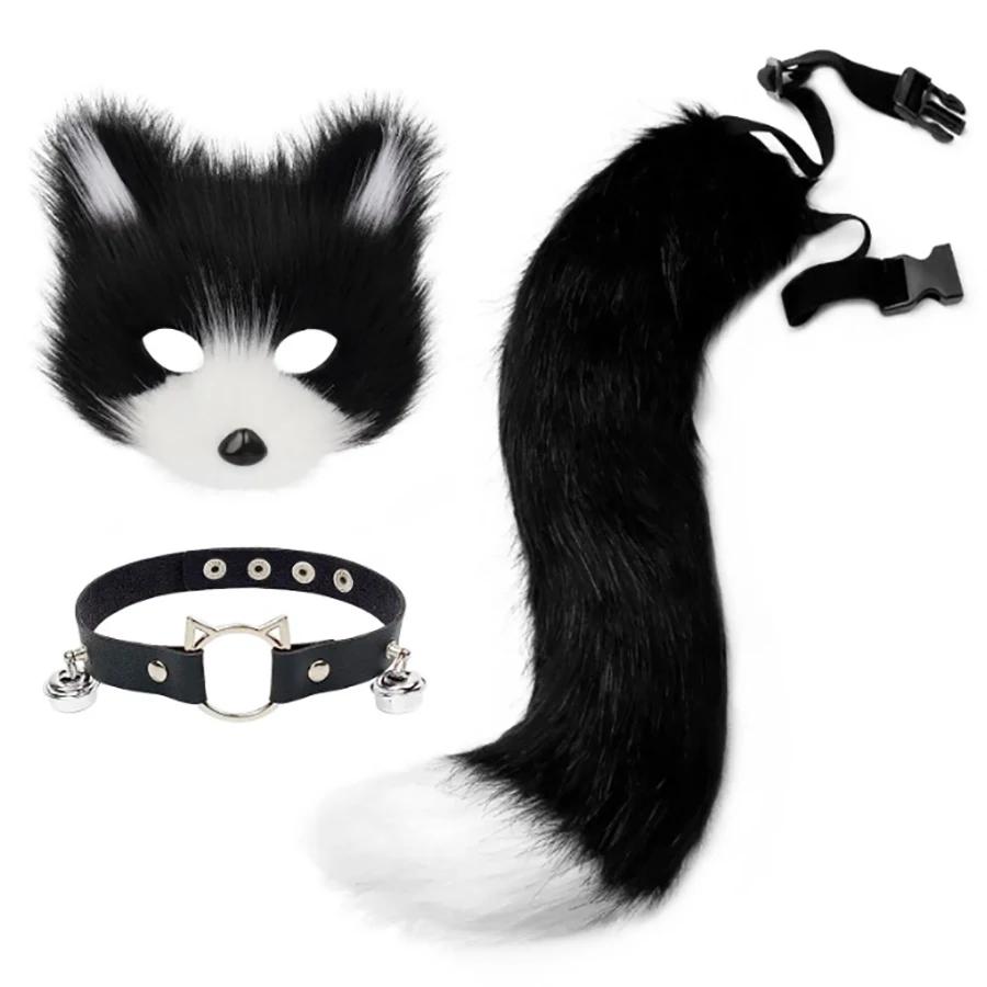 Faux Fur Fox Mask Wolf Cat Fluffy Tail and Leather Necklace Set Halloween Party Cosplay Costume Accessory