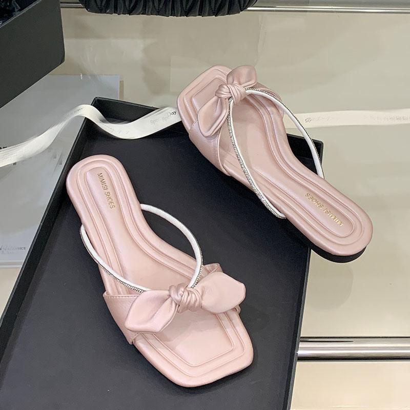 Fashion Fashion Butterfly-Knot Ladies Flats Slippers Shoes Summer Footwear Square Toe Women Flat Slippers Sandals Shoes Female Slides