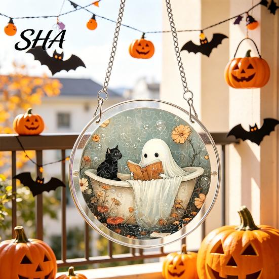 Transparent Halloween Wall Decor Acrylic Suncatcher Jigsaw Puzzle Set, Spooky Ghost Floral Meadow Window Hanging Ornament with Metal Cheerful Frame &