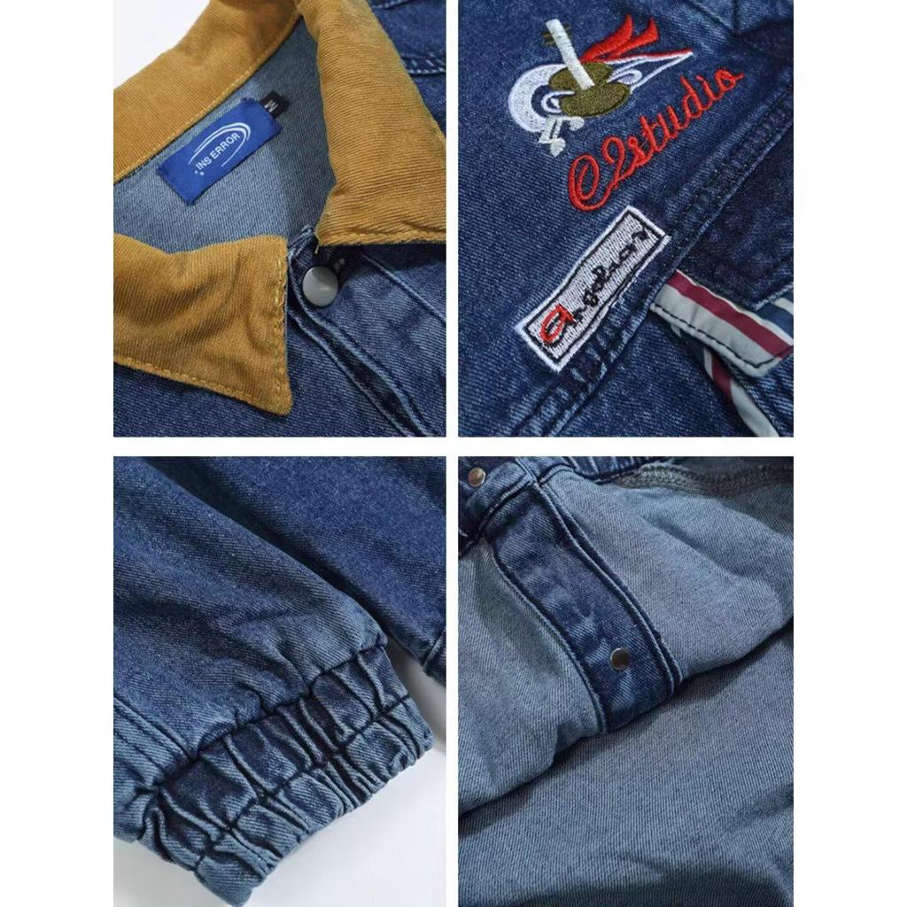 American Retro Color Block Lapel Denim Jacket - Trendy Motorcycle High Street Style