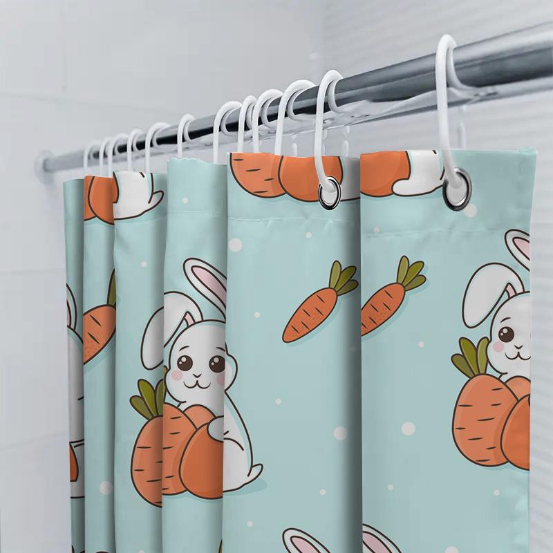 Cute Cartoon Bunny Carrot Print Shower Curtain Bathroom Decor Waterproof Fabric Home Decoration Blue Size: 180X240Cm White Siz