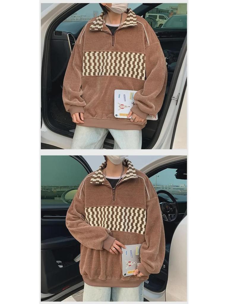 Retro Color Block Waffle Sweatshirt: Men's Half-Zip Polo Jacket for Spring and Autumn.