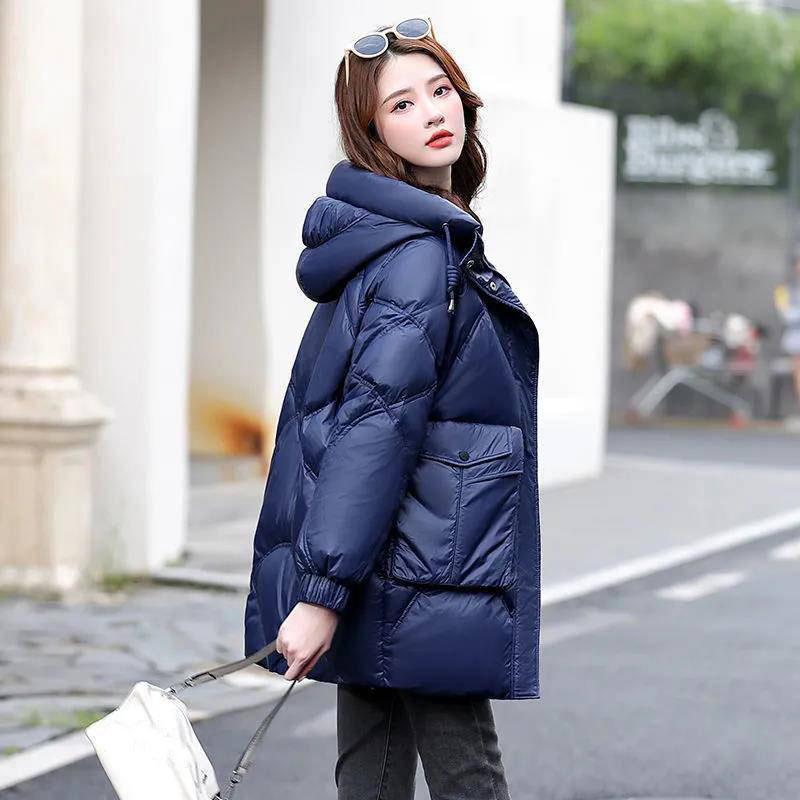 Women's Winter Thickened Plus Size Warm Jacket Loose Large Pocket Hooded Diamond Check Warm