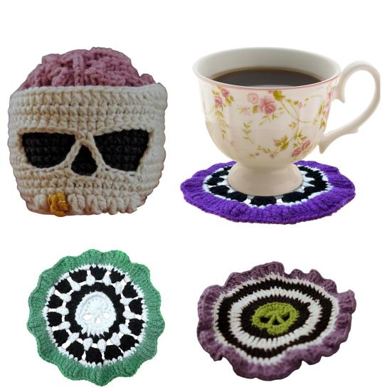Brainy Skull Coaster Handmade Crochet Skeleton Tabletop Decor Hand Knitted Drink Cup Mat for Home Bar Decor