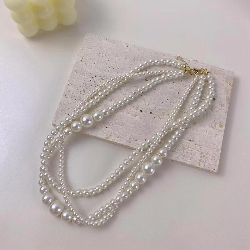 Y2K Layered Pearl Necklace for Women, Multi Layer French Retro Choker, Dainty Minimalist Stackable Pendant Chain, Daily Elegant Jewelry Gift