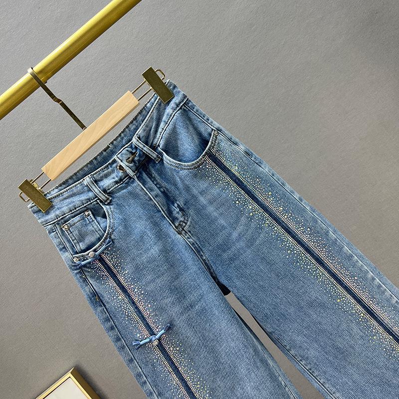 European Style Rhinestone Distressed High-Waisted Wide-Leg Women's Jeans - Spring 2026 Trendy Floor-Length Pants
