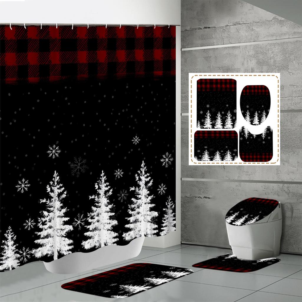 4PCS Shower Curtain Sets With Shower Curtain And Rugs Toilet Lid Rug U Shape Mat And Bath Mat Bathroom Set With 12 Hooks