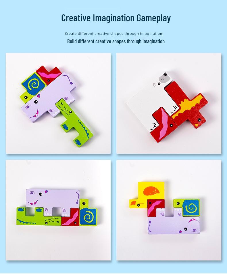 Wooden Animal 3D Puzzle Blocks for Children's Early Education