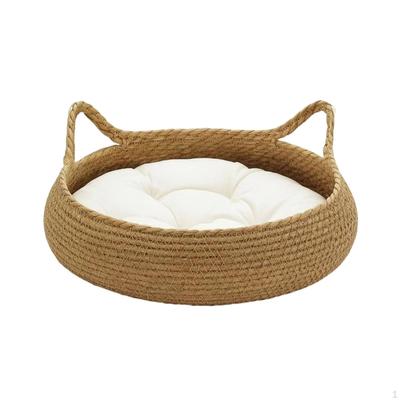 Woven Cat Bed with Cushion Cozy Straw Basket Handles Comfortable for Kittens, Small Dogs,