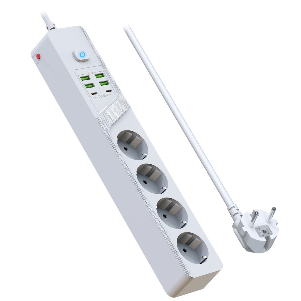 Priză multiplă cu protecție la suprasarcină, priză multiplă cu 4 prize AC, 4 porturi USB-A, 2 porturi USB-C, filtru de rețea pentru casă