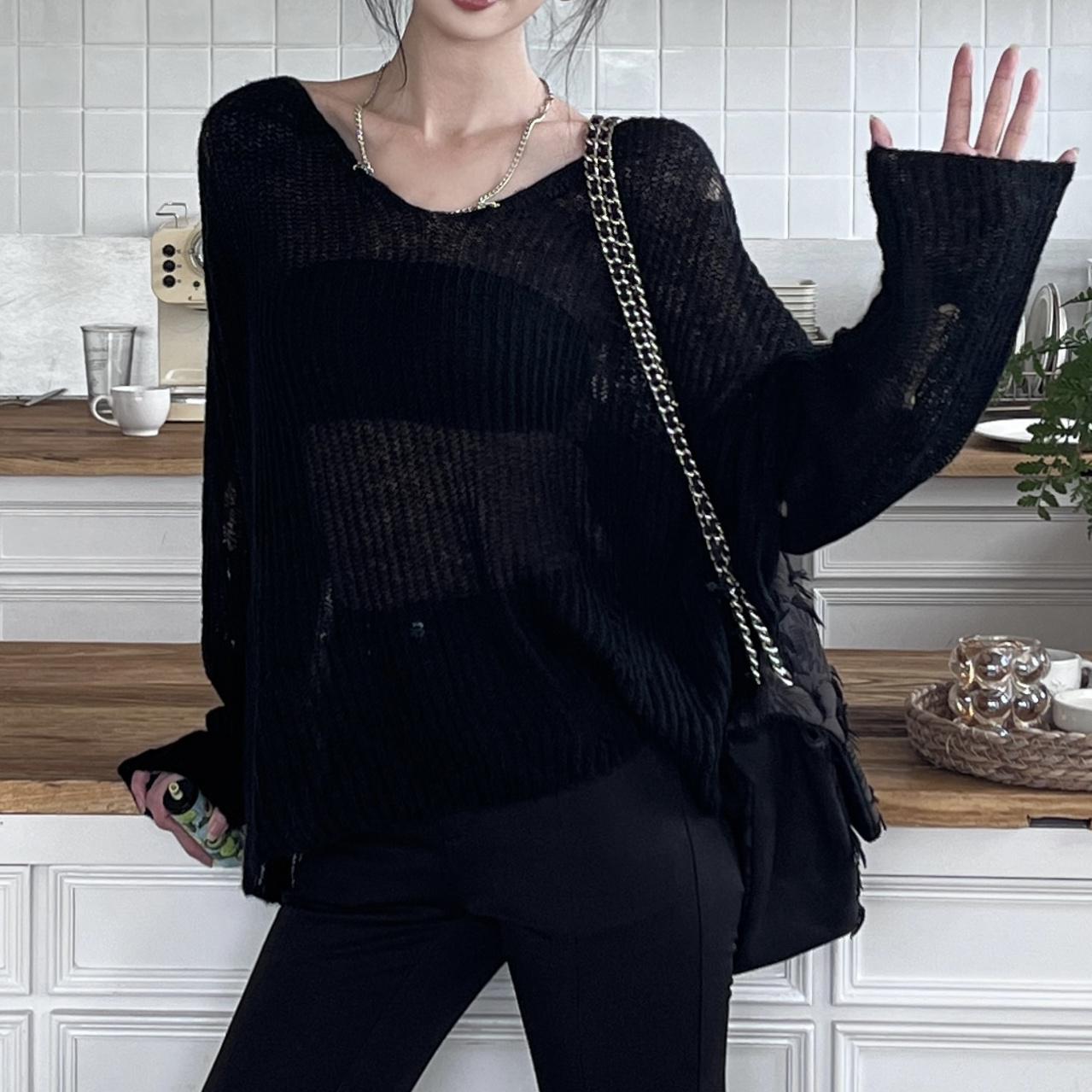 

Летний новый тонкий и прозрачный перфорированный базовый универсальный свободный свитер, чехол для свитера, дизайн Sense Knit, свитер L