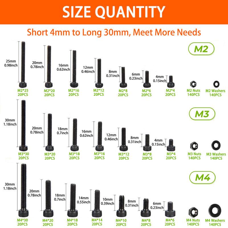 1250PCS M2 M3 M4 Metric Bolt Kit, 4-30MM Hex Socket Cap Screws, 12.9 Alloy Steel Machine Bolts Nuts Washers Assortment