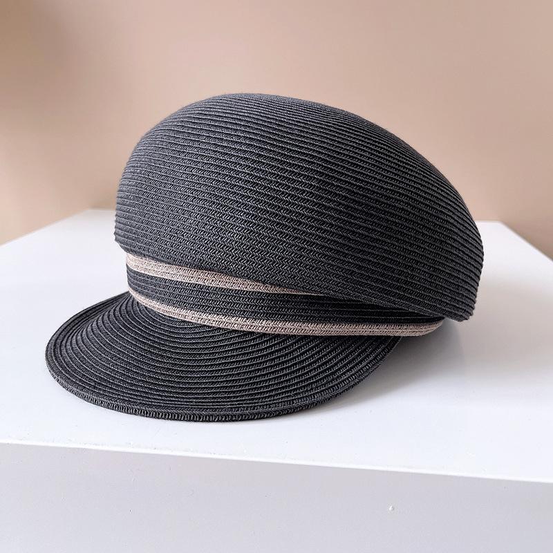 Japanese contrasting color striped newsboy hat female summer sun protection shadingstraw hat original Suefeng cap simple navycap