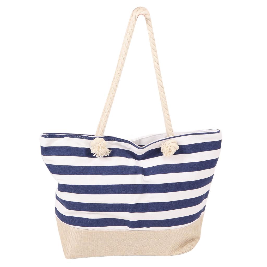 Women Canvas Shoulder Bag Stripes Printing Large Capacity Beach Bag for Shopping Traveling Navy Blue Free Size