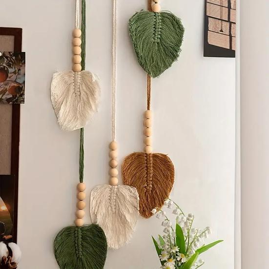 Handmade Bohemian Hanging Tapestry, Wooden Beads Woven Cotton Rope Leaf Tapestry, Living Room Bedroom Wall Art Decoration