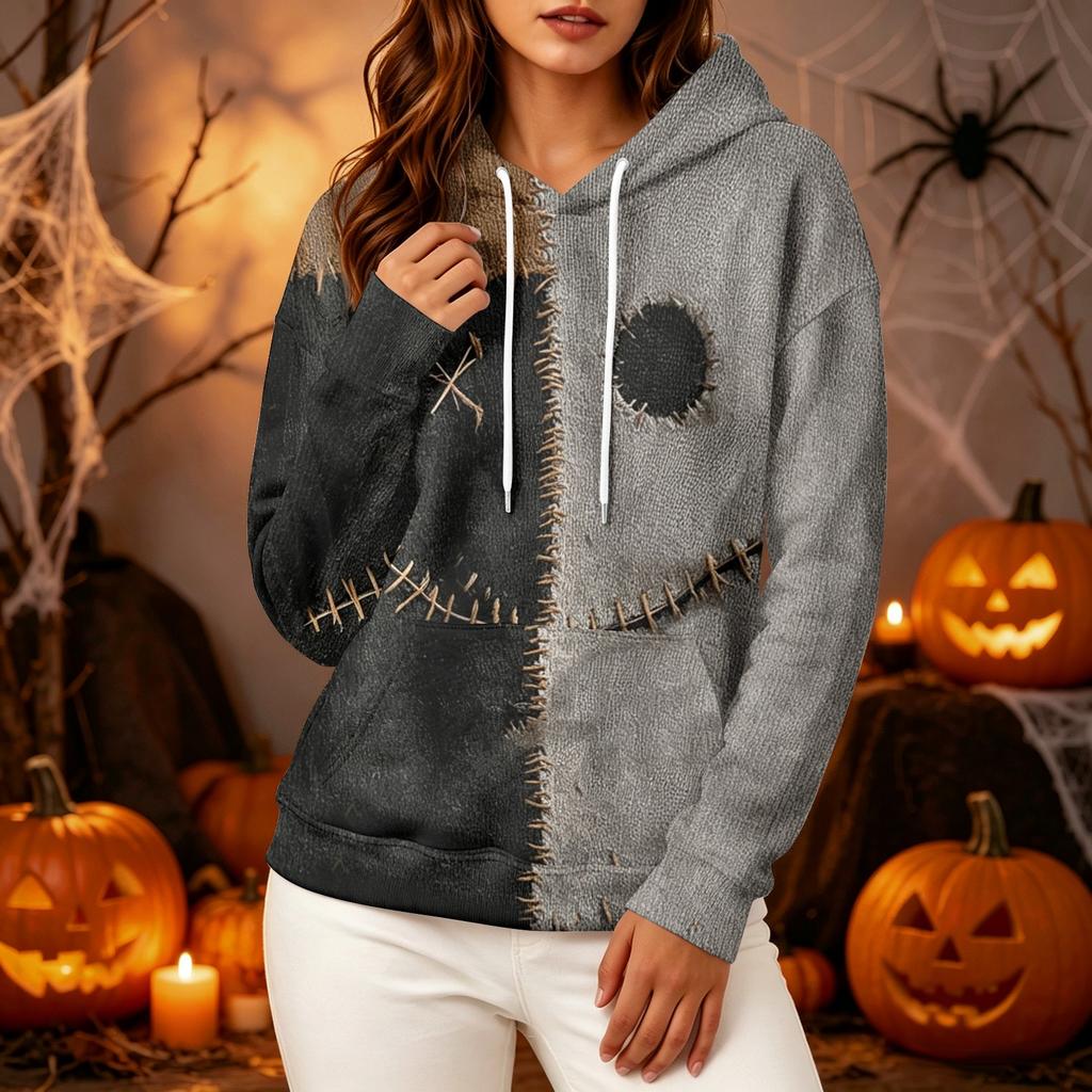 Women's Long Sleeve Pullover Hoodie with Halloween Print for Casual Outings