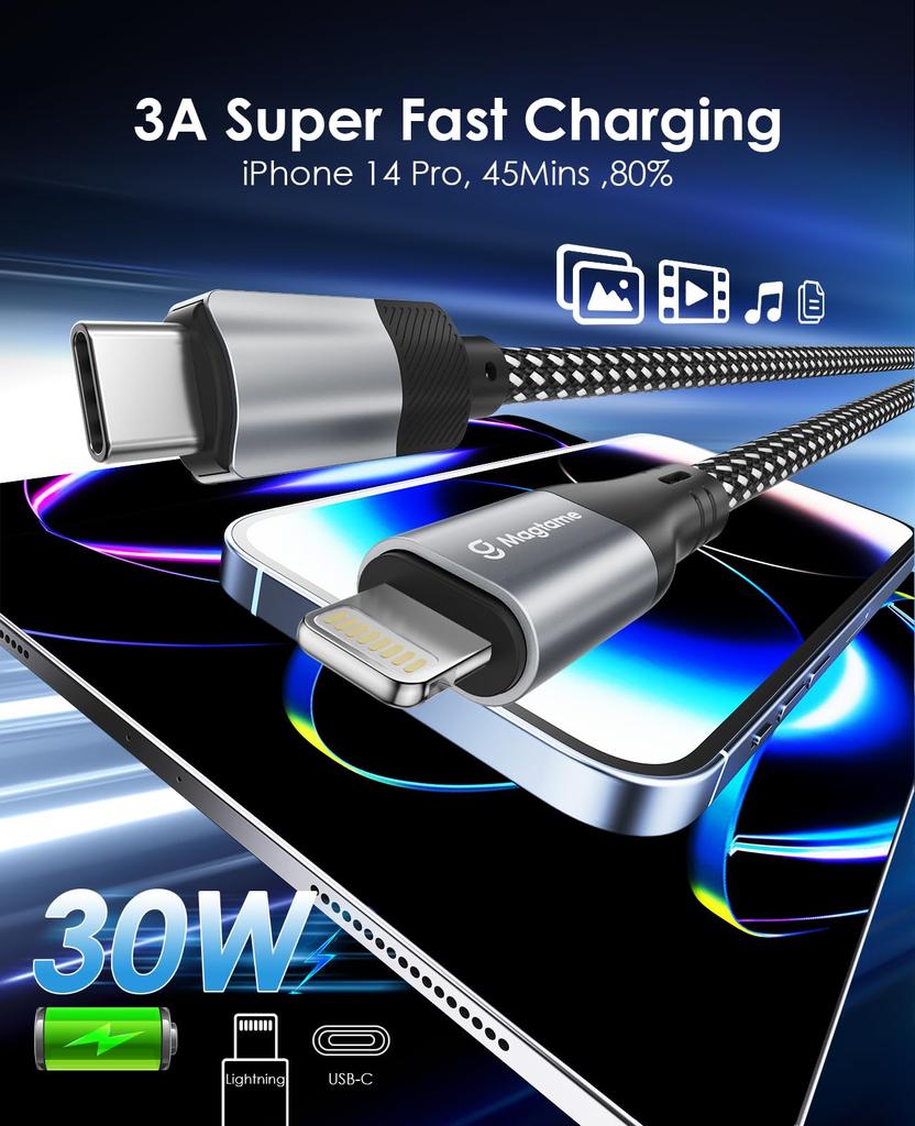 Magtame Lightning to Magnetic to 3A Fast MFi iPhone Charging Cable with Memory Compatible with iPhone Pro USB-C Cable, Adsorption, Tangle-Free, Type-C