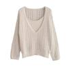 Women's Spring V-Neck Mohair Knit Top & Camisole Set - Casual Hollow Design, Long Hair Texture, Perfect for Autumn